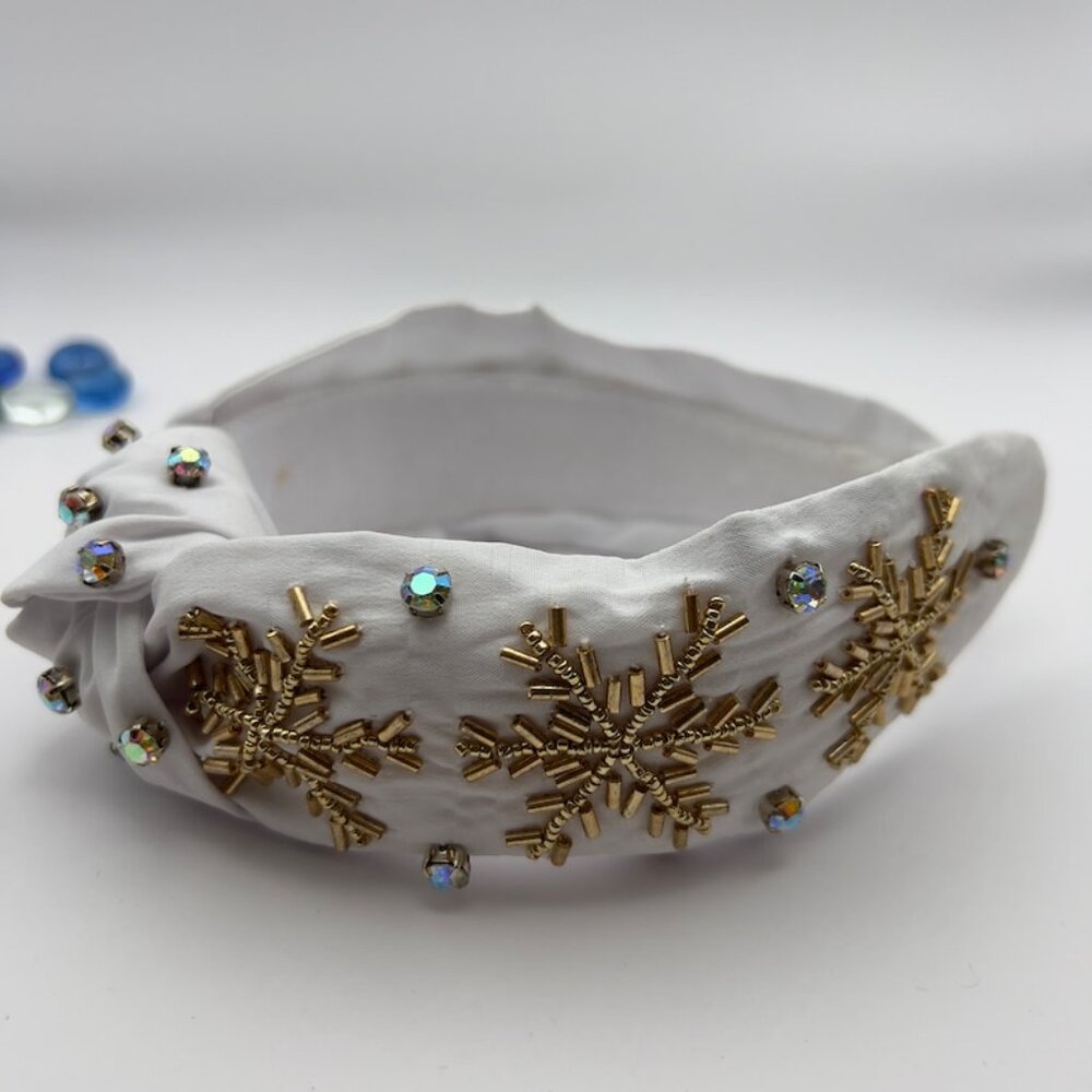 Snowflake Elegance White Base Headband with Beaded Golden Accents